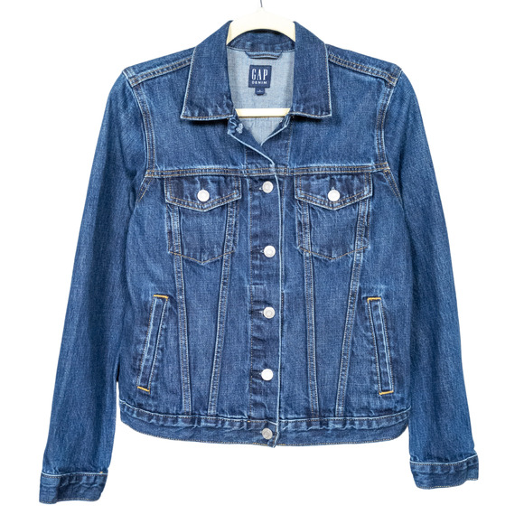 GAP Dark Wash Icon Denim Trucker Jacket Cotton Pockets Buttoned Women's Small - Picture 1 of 4